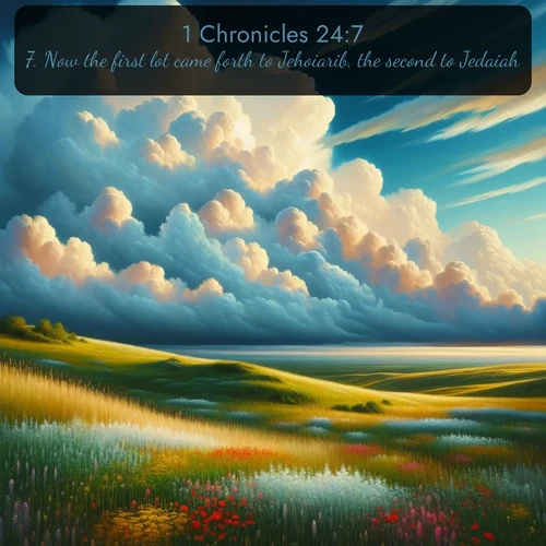 citation biblique : 7. Now the first lot came forth to Jehoiarib, the second to Jedaiah,
 sur fond image nature