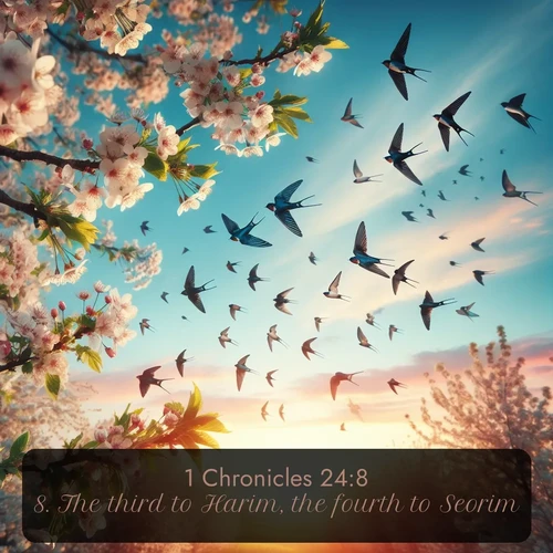 citation biblique : 8. The third to Harim, the fourth to Seorim,
 sur fond image nature