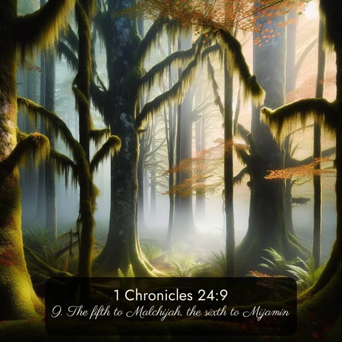 citation biblique : 9. The fifth to Malchijah, the sixth to Mijamin,
 sur fond image nature