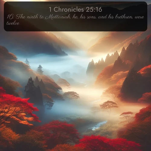 citation biblique : 16. The ninth to Mattaniah, he, his sons, and his brethren, were twelve:
 sur fond image nature