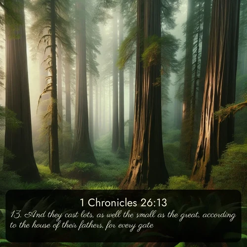 citation biblique : 13. And they cast lots, as well the small as the great, according to the house of their fathers, for every gate.
 sur fond image nature