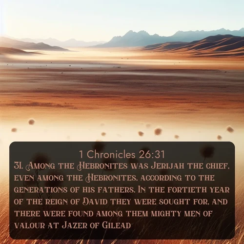 citation biblique : 31. Among the Hebronites was Jerijah the chief, even among the Hebronites, according to the generations of his fathers. In the fortieth year of the reign of David they were sought for, and there were found among them mighty men of valour at Jazer of Gilead.
 sur fond image nature