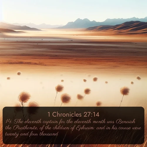citation biblique : 14. The eleventh captain for the eleventh month was Benaiah the Pirathonite, of the children of Ephraim: and in his course were twenty and four thousand.
 sur fond image nature