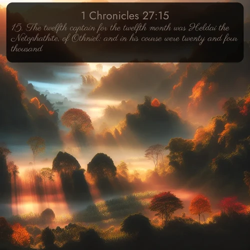 citation biblique : 15. The twelfth captain for the twelfth month was Heldai the Netophathite, of Othniel: and in his course were twenty and four thousand.
 sur fond image nature
