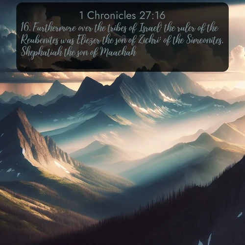citation biblique : 16. Furthermore over the tribes of Israel: the ruler of the Reubenites was Eliezer the son of Zichri: of the Simeonites, Shephatiah the son of Maachah:
 sur fond image nature