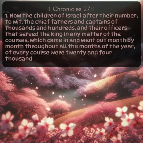 citation biblique : 1. Now the children of Israel after their number, to wit, the chief fathers and captains of thousands and hundreds, and their officers that served the king in any matter of the courses, which came in and went out month by month throughout all the months of the year, of every course were twenty and four thousand.
 sur fond image nature