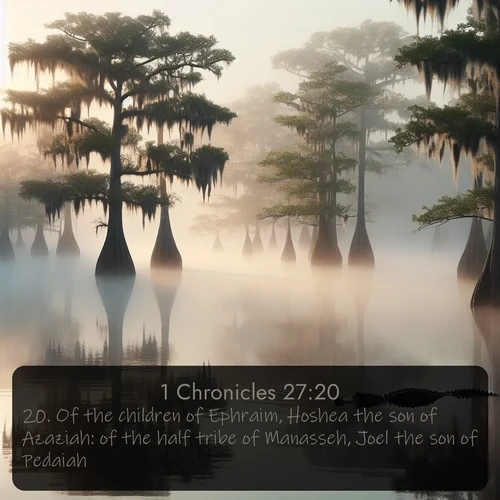 citation biblique : 20. Of the children of Ephraim, Hoshea the son of Azaziah: of the half tribe of Manasseh, Joel the son of Pedaiah:
 sur fond image nature