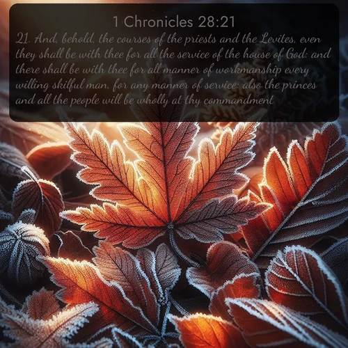 citation biblique : 21. And, behold, the courses of the priests and the Levites, even they shall be with thee for all the service of the house of God: and there shall be with thee for all manner of workmanship every willing skilful man, for any manner of service: also the princes and all the people will be wholly at thy commandment.
 sur fond image nature