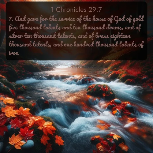 citation biblique : 7. And gave for the service of the house of God of gold five thousand talents and ten thousand drams, and of silver ten thousand talents, and of brass eighteen thousand talents, and one hundred thousand talents of iron.
 sur fond image nature