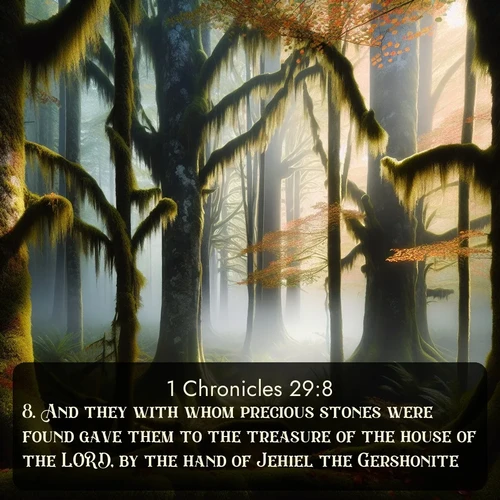citation biblique : 8. And they with whom precious stones were found gave them to the treasure of the house of the LORD, by the hand of Jehiel the Gershonite.
 sur fond image nature