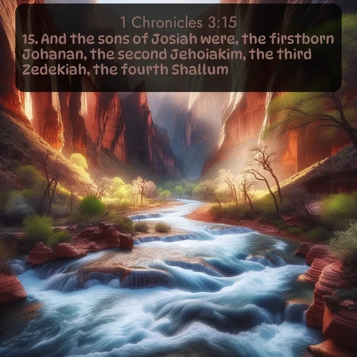 citation biblique : 15. And the sons of Josiah were, the firstborn Johanan, the second Jehoiakim, the third Zedekiah, the fourth Shallum.
 sur fond image nature