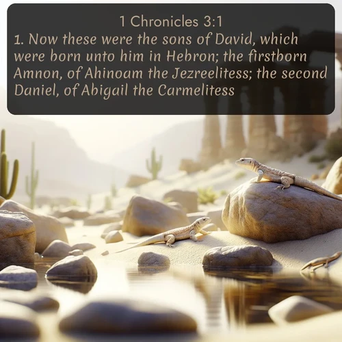 citation biblique : 1. Now these were the sons of David, which were born unto him in Hebron; the firstborn Amnon, of Ahinoam the Jezreelitess; the second Daniel, of Abigail the Carmelitess:
 sur fond image nature