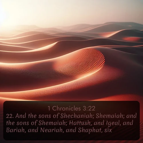 KJV 1 Chronicles  ; image nature: image with the bible verse :And the sons of Shechaniah; Shemaiah; and the sons of Shemaiah; Hattush, and Igeal, and Bariah, and Neariah, and Shaphat, six. ; Discover Bible verse images capturing the warmth of summer, with beach landscapes, sunlit fields, and clear skies. These bright scenes reflect divine joy. Share verses like KJV 1 Chronicles 3:22. Current verse is overlayed with the thematic nature scene : Desert wind sculpts abstract patterns in red sand. ; 3:22
