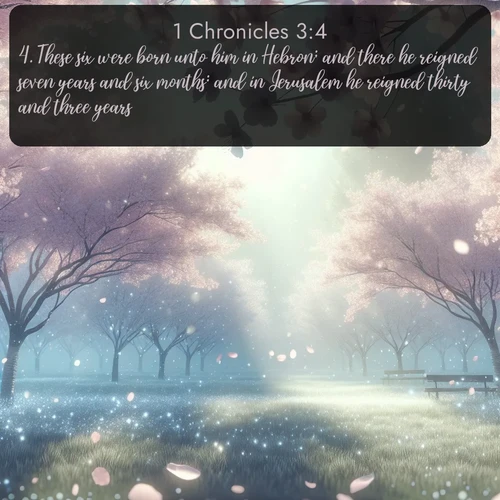 citation biblique : 4. These six were born unto him in Hebron; and there he reigned seven years and six months: and in Jerusalem he reigned thirty and three years.
 sur fond image nature