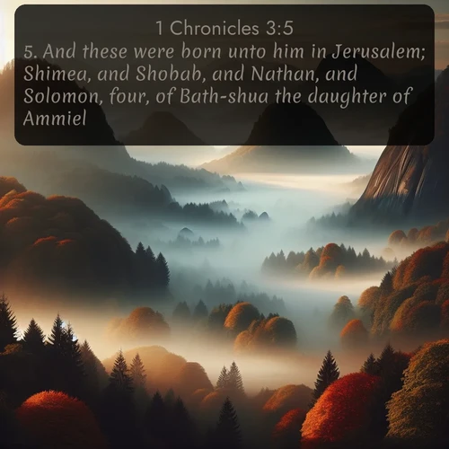 citation biblique : 5. And these were born unto him in Jerusalem; Shimea, and Shobab, and Nathan, and Solomon, four, of Bath-shua the daughter of Ammiel:
 sur fond image nature