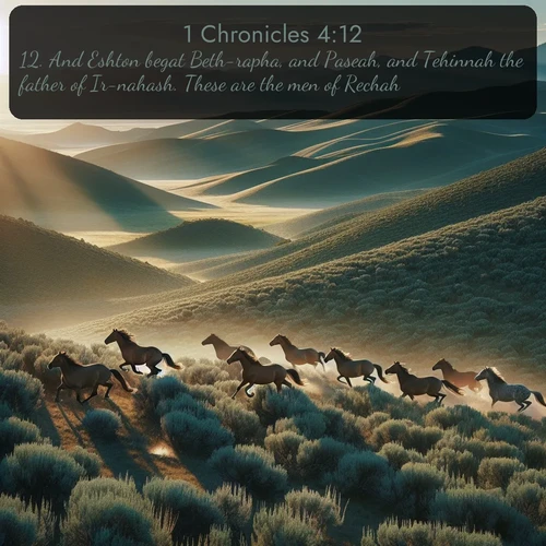 citation biblique : 12. And Eshton begat Beth-rapha, and Paseah, and Tehinnah the father of Ir-nahash. These are the men of Rechah.
 sur fond image nature