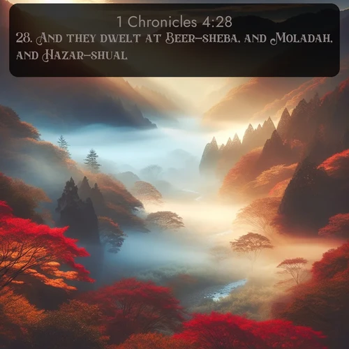 citation biblique : 28. And they dwelt at Beer-sheba, and Moladah, and Hazar-shual,
 sur fond image nature