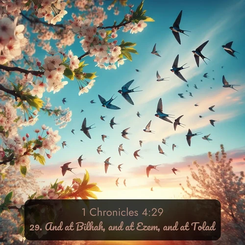 citation biblique : 29. And at Bilhah, and at Ezem, and at Tolad,
 sur fond image nature