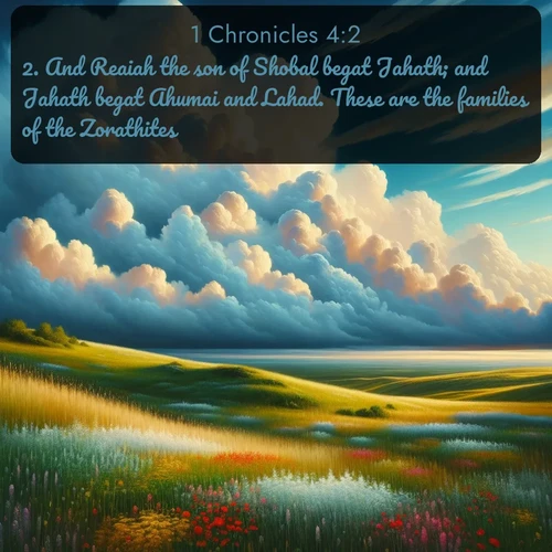 citation biblique : 2. And Reaiah the son of Shobal begat Jahath; and Jahath begat Ahumai and Lahad. These are the families of the Zorathites.
 sur fond image nature