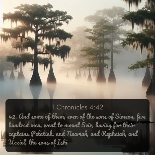 citation biblique : 42. And some of them, even of the sons of Simeon, five hundred men, went to mount Seir, having for their captains Pelatiah, and Neariah, and Rephaiah, and Uzziel, the sons of Ishi.
 sur fond image nature