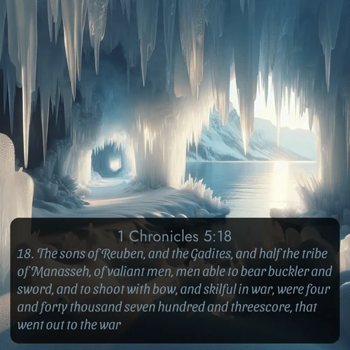 citation biblique : 18. The sons of Reuben, and the Gadites, and half the tribe of Manasseh, of valiant men, men able to bear buckler and sword, and to shoot with bow, and skilful in war, were four and forty thousand seven hundred and threescore, that went out to the war.
 sur fond image nature