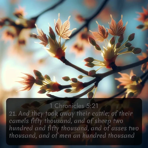 KJV 1 Chronicles  ; image nature: image with the bible verse :And they took away their cattle; of their camels fifty thousand, and of sheep two hundred and fifty thousand, and of asses two thousand, and of men an hundred thousand. ; Download Bible verse images paired with breathtaking nature photos like golden deserts, shimmering seas, and blossoming orchards. These high-quality, free images are perfect for wallpapers or sharing. Verses include KJV 1 Chronicles 5:21. Current verse is overlayed with the thematic nature scene : Spring buds burst open on maple branches against a blue sky. ; 5:21