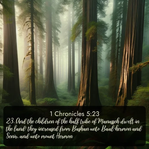 citation biblique : 23. And the children of the half tribe of Manasseh dwelt in the land: they increased from Bashan unto Baal-hermon and Senir, and unto mount Hermon.
 sur fond image nature