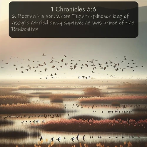citation biblique : 6. Beerah his son, whom Tilgath-pilneser king of Assyria carried away captive: he was prince of the Reubenites.
 sur fond image nature