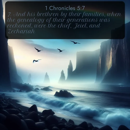 KJV 1 Chronicles  ; image nature: image with the bible verse :And his brethren by their families, when the genealogy of their generations was reckoned, were the chief, Jeiel, and Zechariah, ; Explore an exceptional collection of Bible verse images accompanied by photos of nature, showcasing snowy mountains, serene forests, and still lakes. These images feature luminous tones and varied fonts to bring serenity and inspiration. Share uplifting verses like KJV 1 Chronicles 5:7. Current verse is overlayed with the thematic nature scene : Ocean waves crash against volcanic cliffs as seabirds wheel overhead, creating momentary rainbows. ; 5:7