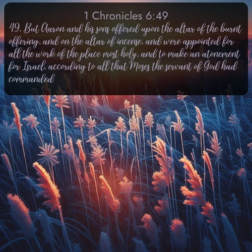 citation biblique : 49. But Aaron and his sons offered upon the altar of the burnt offering, and on the altar of incense, and were appointed for all the work of the place most holy, and to make an atonement for Israel, according to all that Moses the servant of God had commanded.
 sur fond image nature