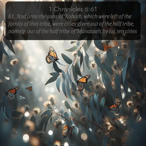 citation biblique : 61. And unto the sons of Kohath, which were left of the family of that tribe, were cities given out of the half tribe, namely, out of the half tribe of Manasseh, by lot, ten cities.
 sur fond image nature