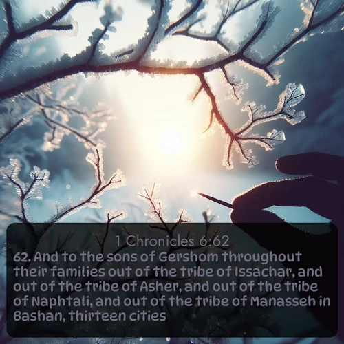 citation biblique : 62. And to the sons of Gershom throughout their families out of the tribe of Issachar, and out of the tribe of Asher, and out of the tribe of Naphtali, and out of the tribe of Manasseh in Bashan, thirteen cities.
 sur fond image nature