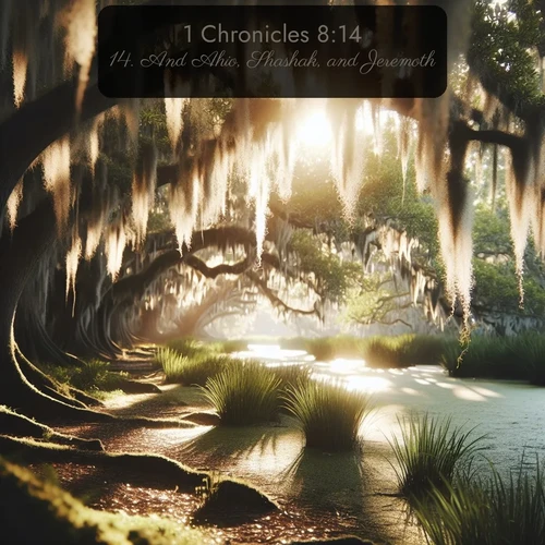 KJV 1 Chronicles  ; image nature: image with the bible verse :And Ahio, Shashak, and Jeremoth, ; Admire Bible verse images capturing the beauty of beaches, with turquoise waters, palm trees, and peaceful shores. These soothing scenes reflect God&#039;s serenity and majesty. Download and share verses like KJV 1 Chronicles 8:14. Current verse is overlayed with the thematic nature scene : Summer afternoon light filters through Spanish moss in a bayou. ; 8:14