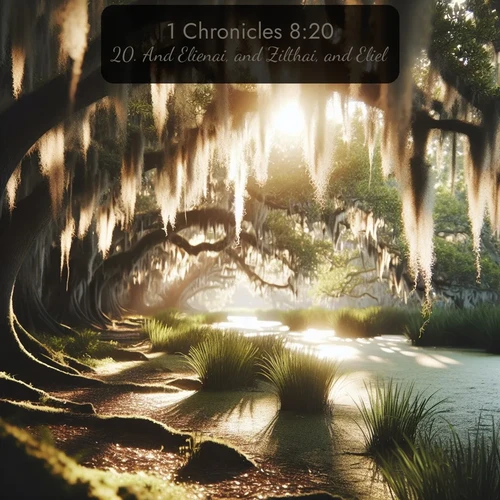 KJV 1 Chronicles  ; image nature: image with the bible verse :And Elienai, and Zilthai, and Eliel, ; Explore a collection of Bible verses paired with springtime scenes, featuring blooming flowers, lush meadows, and trees in full bloom. These images symbolize divine renewal and hope. Download inspiring verses like KJV 1 Chronicles 8:20. Current verse is overlayed with the thematic nature scene : Summer afternoon light filters through Spanish moss in a bayou. ; 8:20