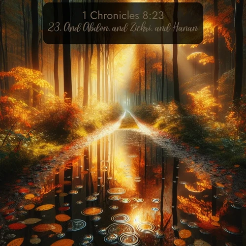 KJV 1 Chronicles  ; image nature: image with the bible verse :And Abdon, and Zichri, and Hanan, ; Explore a collection of free Bible verse images paired with serene landscapes like golden beaches, verdant forests, and clear blue skies. Each image is ideal for desktop or phone wallpapers. Share verses like KJV 1 Chronicles 8:23. Current verse is overlayed with the thematic nature scene : Autumn colors reflect in rain puddles on a forest path. ; 8:23