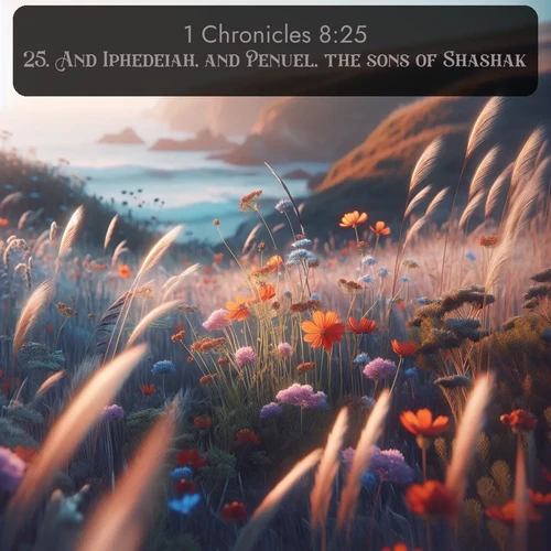 KJV 1 Chronicles  ; image nature: image with the bible verse :And Iphedeiah, and Penuel, the sons of Shashak; ; Browse high-resolution Bible verse images featuring stunning nature photography, such as radiant sunsets, tranquil rivers, and blooming fields. Perfect for wallpapers or sharing on social media. Download KJV 1 Chronicles 8:25. Current verse is overlayed with the thematic nature scene : Summer wildflowers wave in the breeze on coastal bluffs. ; 8:25