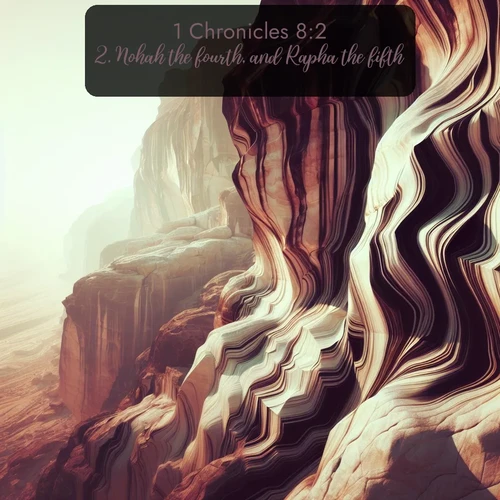 KJV 1 Chronicles  ; image nature: image with the bible verse :Nohah the fourth, and Rapha the fifth. ; Dive into our collection of Bible verse images beautifully illustrated with beach photos, featuring gentle waves, sunsets over the sea, and sandy shores. These scenes evoke the peace and majesty of God. Download and share inspiring verses like KJV 1 Chronicles 8:2. Current verse is overlayed with the thematic nature scene : Desert varnish stains cliff faces in abstract patterns. ; 8:2