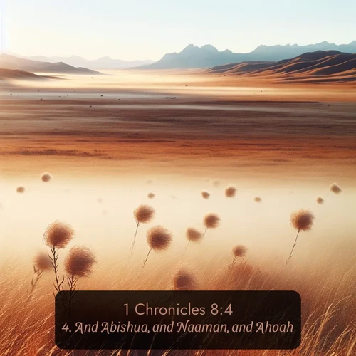 KJV 1 Chronicles  ; image nature: image with the bible verse :And Abishua, and Naaman, and Ahoah, ; Discover a rich selection of Bible verse images illustrated by natural landscapes like tranquil beaches, golden fields, and majestic trees. These images aim to capture the peace and beauty of God&#039;s creation, with vibrant colors and varied typography. Download and share inspiring verses like KJV 1 Chronicles 8:4. Current verse is overlayed with the thematic nature scene : Autumn wind sends tumbleweeds dancing across the prairie. ; 8:4