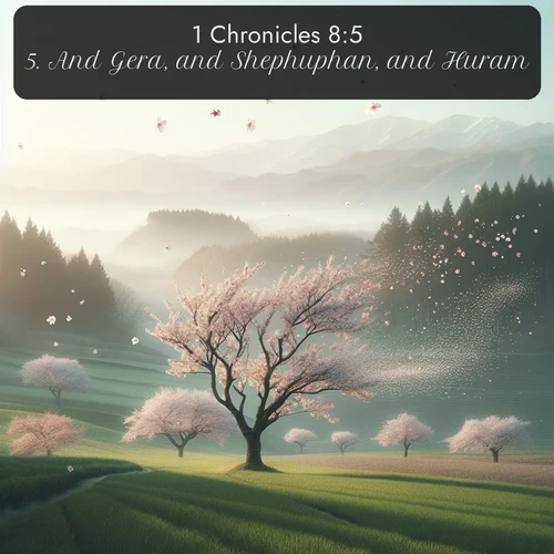 KJV 1 Chronicles  ; image nature: image with the bible verse :And Gera, and Shephuphan, and Huram. ; Discover a rich selection of Bible verse images illustrated by natural landscapes like tranquil beaches, golden fields, and majestic trees. These images aim to capture the peace and beauty of God&#039;s creation, with vibrant colors and varied typography. Download and share inspiring verses like KJV 1 Chronicles 8:5. Current verse is overlayed with the thematic nature scene : Spring winds scatter cherry blossoms like snow. ; 8:5