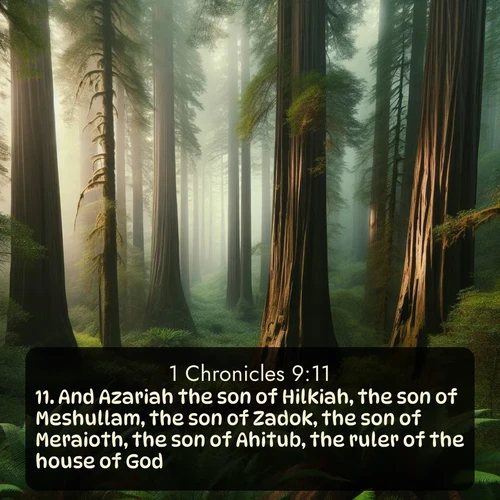 citation biblique : 11. And Azariah the son of Hilkiah, the son of Meshullam, the son of Zadok, the son of Meraioth, the son of Ahitub, the ruler of the house of God;
 sur fond image nature