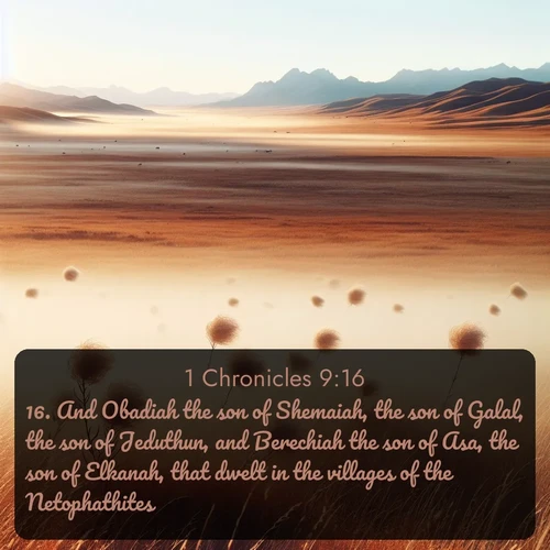KJV 1 Chronicles  ; image nature: image with the bible verse :And Obadiah the son of Shemaiah, the son of Galal, the son of Jeduthun, and Berechiah the son of Asa, the son of Elkanah, that dwelt in the villages of the Netophathites. ; Admire our gallery of Bible verse images paired with serene nature photography, featuring starlit skies, golden sands, and blooming wildflowers. Download and share verses like KJV 1 Chronicles 9:16. Current verse is overlayed with the thematic nature scene : Autumn wind sends tumbleweeds dancing across the prairie. ; 9:16