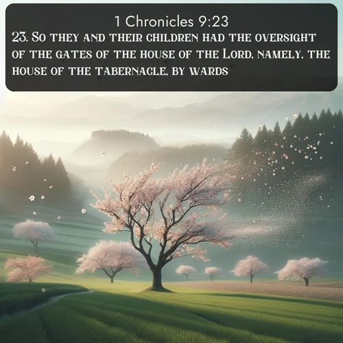 citation biblique : 23. So they and their children had the oversight of the gates of the house of the Lord, namely, the house of the tabernacle, by wards.
 sur fond image nature
