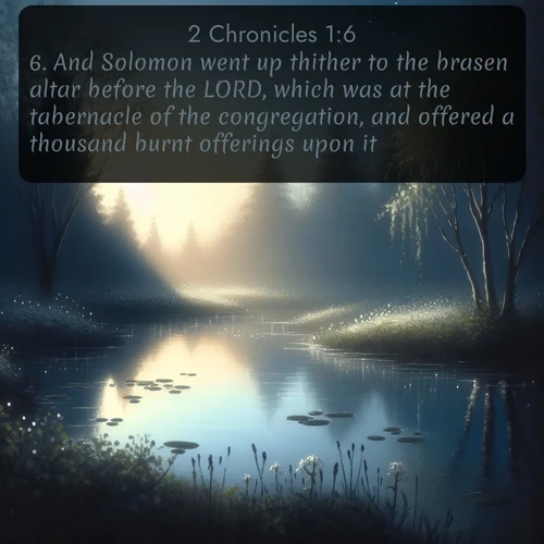 citation biblique : 6. And Solomon went up thither to the brasen altar before the LORD, which was at the tabernacle of the congregation, and offered a thousand burnt offerings upon it.
 sur fond image nature