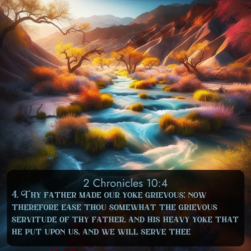citation biblique : 4. Thy father made our yoke grievous: now therefore ease thou somewhat the grievous servitude of thy father, and his heavy yoke that he put upon us, and we will serve thee.
 sur fond image nature