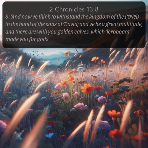 citation biblique : 8. And now ye think to withstand the kingdom of the LORD in the hand of the sons of David; and ye be a great multitude, and there are with you golden calves, which Jeroboam made you for gods.
 sur fond image nature
