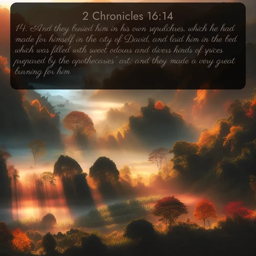 citation biblique : 14. And they buried him in his own sepulchres, which he had made for himself in the city of David, and laid him in the bed which was filled with sweet odours and divers kinds of spices prepared by the apothecaries&#039; art: and they made a very great burning for him.
 sur fond image nature