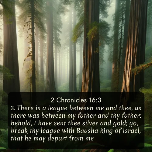 citation biblique : 3. There is a league between me and thee, as there was between my father and thy father: behold, I have sent thee silver and gold; go, break thy league with Baasha king of Israel, that he may depart from me.
 sur fond image nature