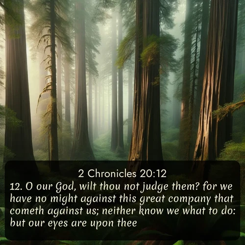 citation biblique : 12. O our God, wilt thou not judge them? for we have no might against this great company that cometh against us; neither know we what to do: but our eyes are upon thee.
 sur fond image nature