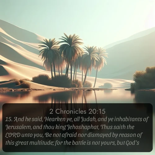 citation biblique : 15. And he said, Hearken ye, all Judah, and ye inhabitants of Jerusalem, and thou king Jehoshaphat, Thus saith the LORD unto you, Be not afraid nor dismayed by reason of this great multitude; for the battle is not yours, but God&#039;s.
 sur fond image nature