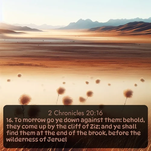 citation biblique : 16. To morrow go ye down against them: behold, they come up by the cliff of Ziz; and ye shall find them at the end of the brook, before the wilderness of Jeruel.
 sur fond image nature